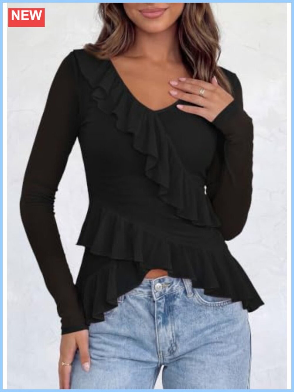 Sheer Mesh Long Sleeve Ruffle V Neck Ruched Blouse - Picture 3 of 6